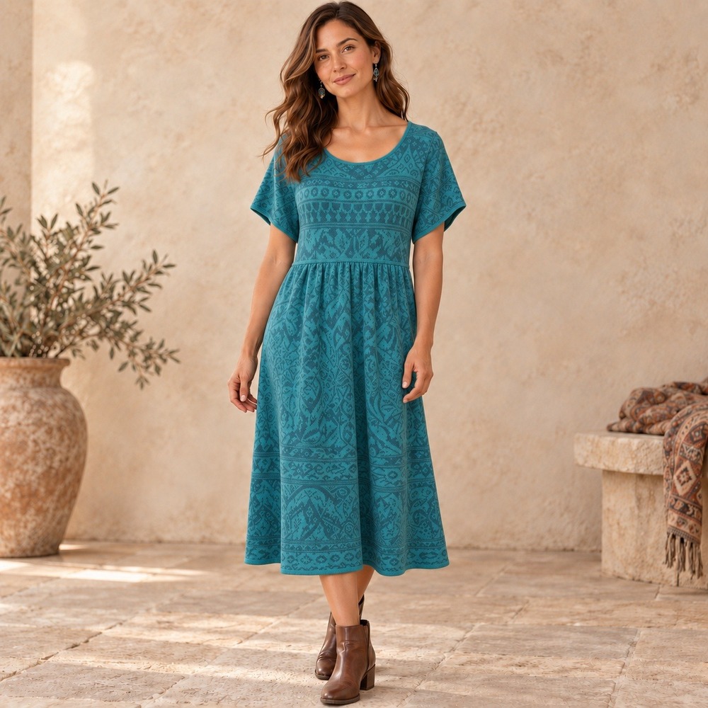 Peruvian Connection Teal Blue 100% Pima Cotton Jacquard Knit Midi Dress Large